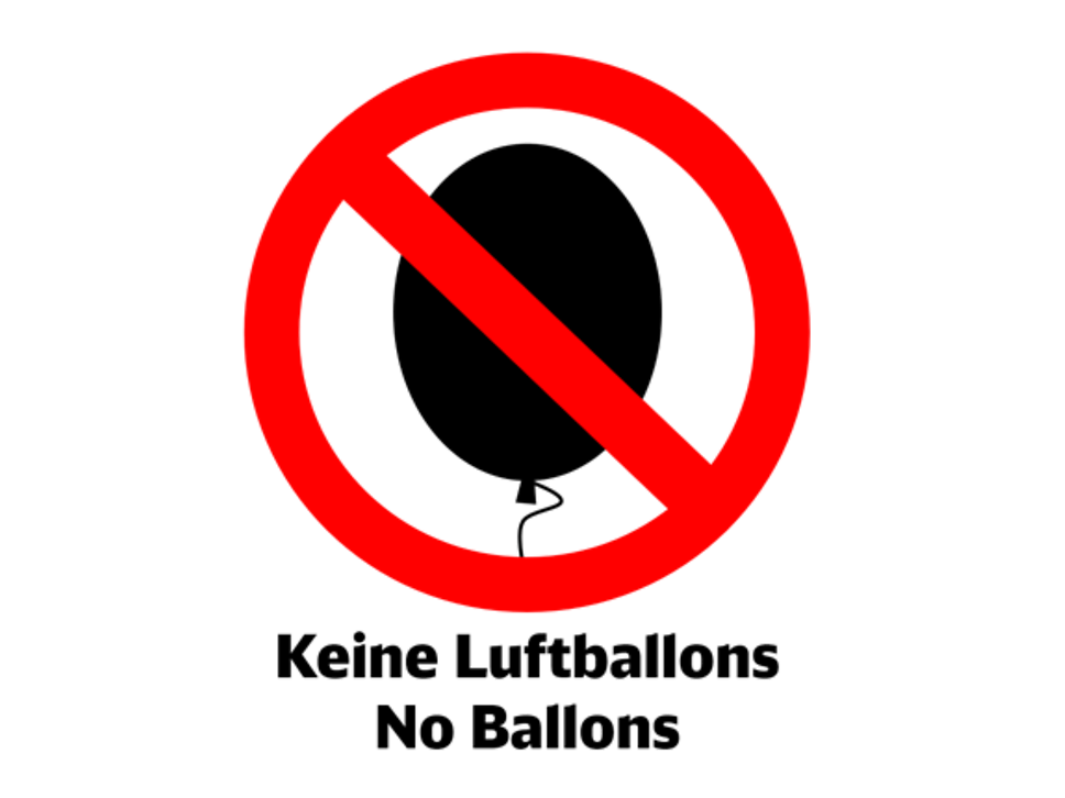 Ein Bild von einem Ballon welcher durchgestrichen ist mit der Aufschrift: Keine Luftballons