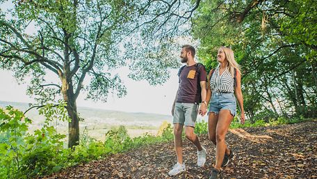 Ein Pärchen wandert durch Wälder und Weinberge